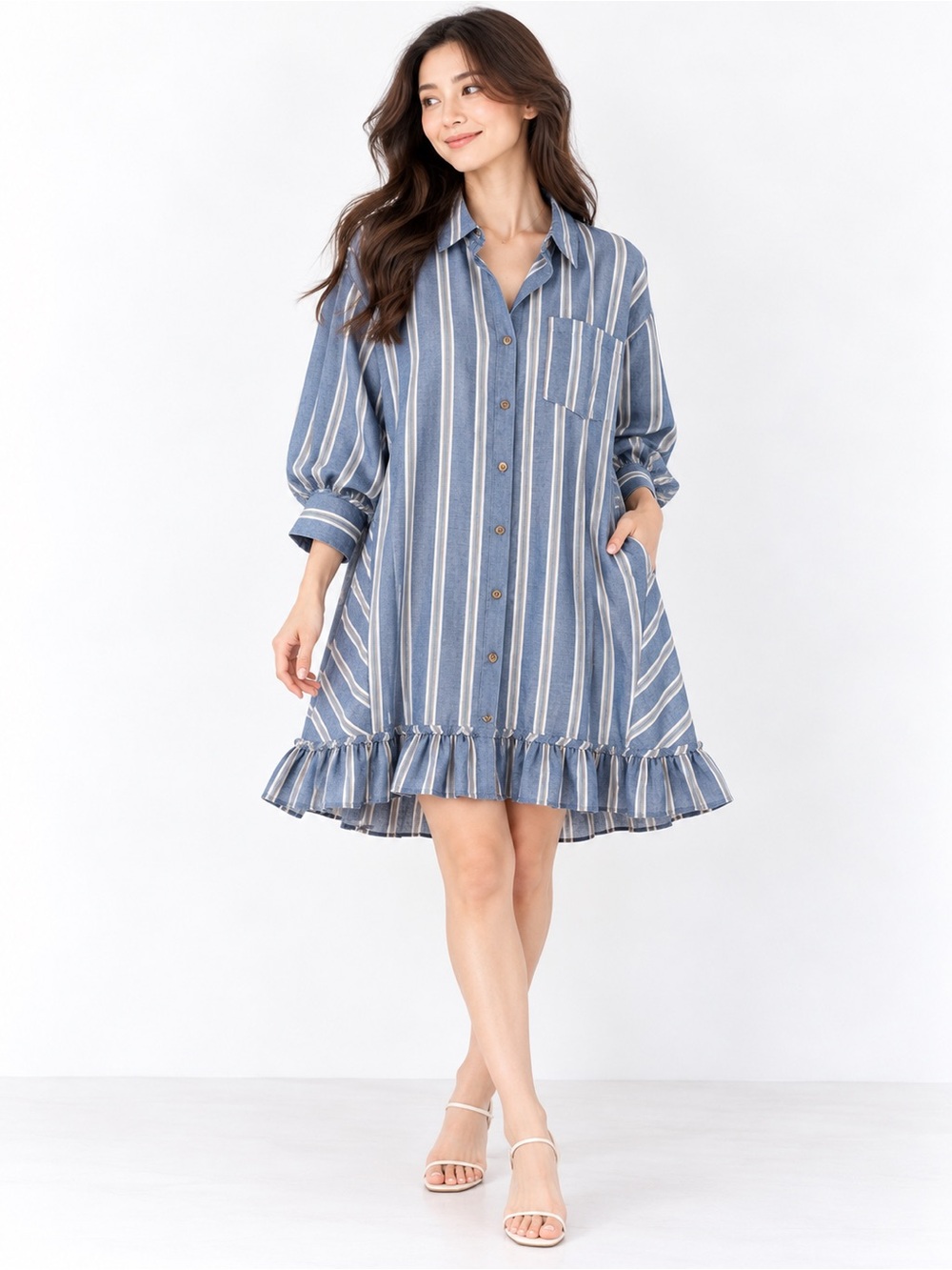 Blue Striped Ruffle-Hem Mini Dress - Picture 2 of 8